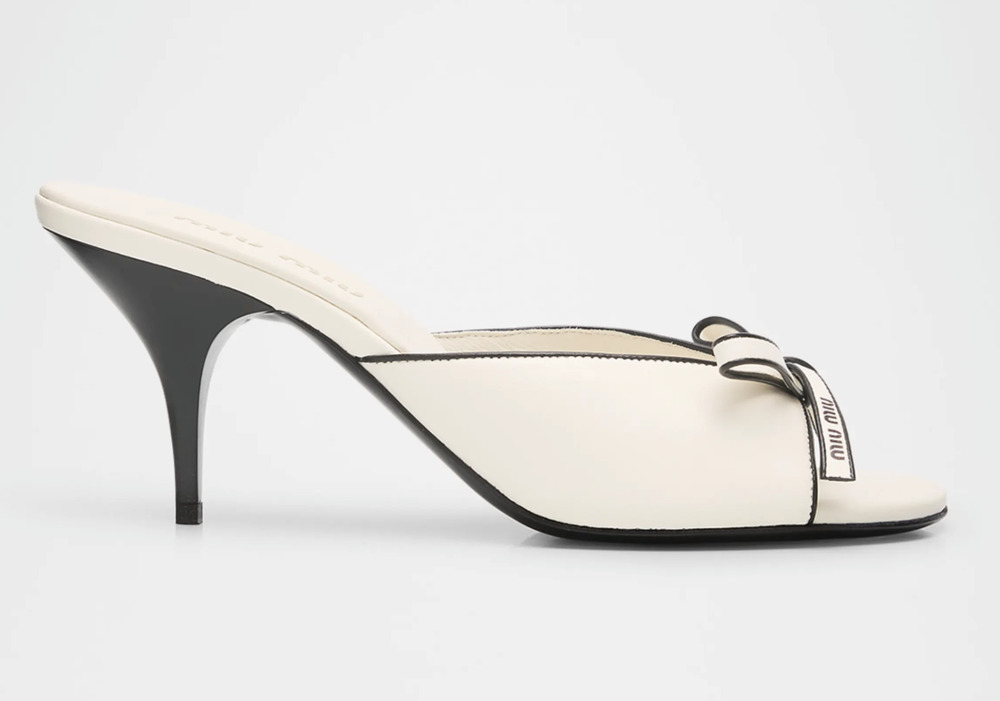 Miu Miu 75mm White Black Leather Bow Logo Backless Mules Open Toe Heel Sandal 40